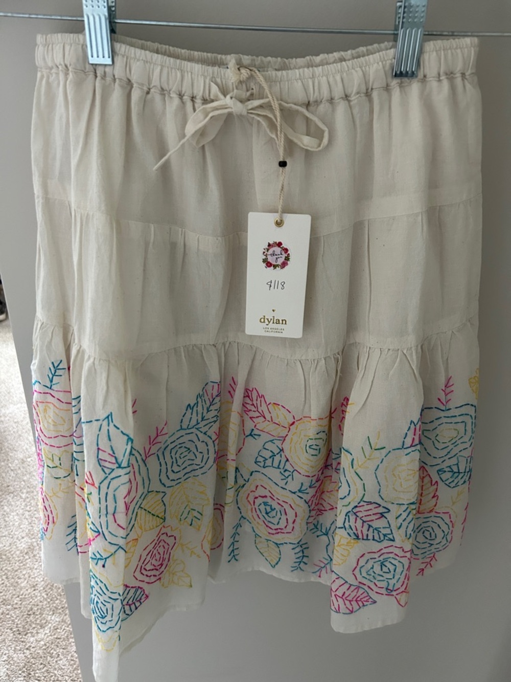 dylan  Los Angeles California Cream Mini Skirt with Multicolor Floral Embroidery